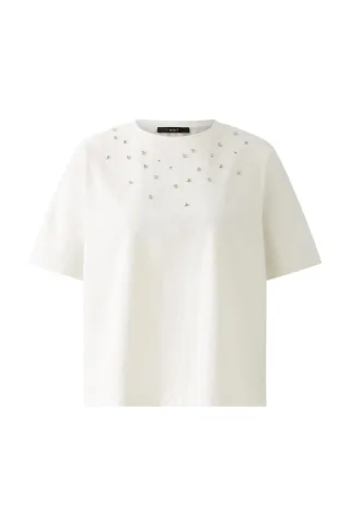 Oui - T-Shirt mit Mix aus Nieten, Glitzersteinen und Hotfix weiß - Gr. - 40