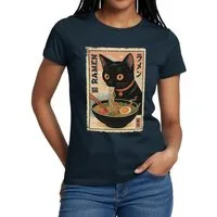 Spreadshirt T-Shirt Ramen Katze, Schwarze Katze Mit Nudelsuppe Frauen T-Shirt (1-tlg)