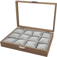 mixed24 Schmuckkasten Holz Uhrenkoffer für 12 Uhren, mit Echtglas Deckel