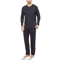 Moonline Pyjama Schlafanzug lang, 100% Baumwolle mit V-Ausschnitt und Streifen-Design