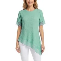 dy_mode Longtunika Damen Longshirt mit Spitzen Kurzarm Tunika in Knitter-Optik Oberteil in Unifarbe, Knitter-Optik, asymmetrisch mit Spitzen-Saum