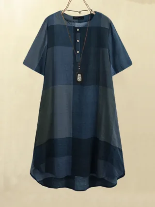 Women Vintage Plaid Print Button Front O-Neck Short Sleeve Loose Casual Shirt Dress With Pocket