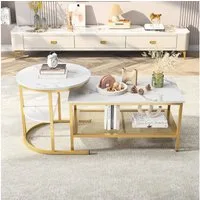 Furnishings Home Couchtisch 2er-Set Runde + Rechteck Beistelltische aus Holz & Metall (2-St., 2-St, 80x46x41 cm + 52x51 cm), Moderne Kaffeetische für Wohnzimmer Schlafzimmer