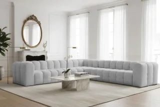 Ecksofa Designersofa SOLVIE XL in Stoff Moly Hellgrau Seite Universal