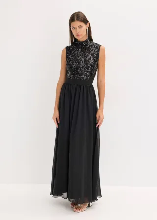 bonprix Maxikleid, schwarz, Gr.44, Modern und feminin: Abendkleid aus zartem Tüll mit Stehkragen und Paillettenstickerei im Oberteil