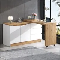 Merax Eckschreibtisch 2-in-1 Bürotisch mit 2 Türen und 3 Schubladen, auf Rollen (1-St., Drehbarer Schreibtisch mit Stauraum), Computertisch & Sideboard
