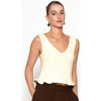 SASSYCLASSY T-Shirt Rüsschentop Damen mit V-Ausschnitt Ärmelloses Top Rüschenabschluss am Saum weiß schwarz rosa buttergelb
