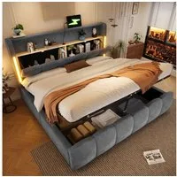Merax Polsterbett 180x200 cm mit hydraulischem Stauraum und LED-Beleuchtung (1-tlg), Doppelbett mit Kopfteil mit Staufach,USB & Typ-C Anschlüssen,Samtbezug