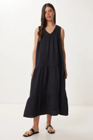Rüschen V-Ausschnitt Midi-Kleid