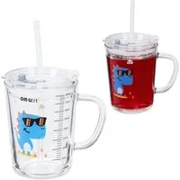 relaxdays Kinderbecher 2er Set Kindergläser mit Dinomotiv, Glas