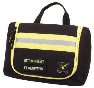 Waschbeutel | TEE-UU | HERO | schwarz/gelb | inkl. Klettstreifen "FEUERWEHR" & "RETTUNGSDIENST" | Signal- & Reflexstreifen | Hinstellen oder Aufhängen