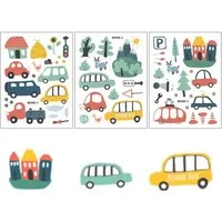 Montegoni Aufkleber 3-teiliges Wandsticker Set mit Auto, Häusern & Bäumen für Kinderzimmer, (set), wasserfest, entfernbar, Rückstandslos, Umweltfreundliches