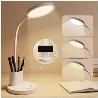 LQWELL LED Schreibtischlampe 4 in 1 LED Schreibtischlampe USB Aufladbar, LED fest integriert, 3 Helligkeitsstufen Nachtlicht, 360° Flexibel Stifthalter Tischlampe Studienlampe, mit Telefonhalter,für Heimbüro