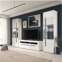 Lomadox Wohnwand TURDA-83, (3-St., Couchtisch Highboard Lowboard Sideboard Vitrine Wandregal), weiß Hochglanz Metallgriffe schwarz LED Beleuchtung modern
