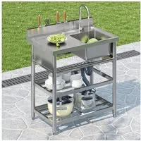 Flieks Outdoor-Küchenmodul Küchenspüle Edelstahlspüle mit Wasserhahn & U-förmiges Abflussrohr (80×50×107 cm, Garten-Waschtisch mit 2 Ablagen, Messerhalter und 4 Haken) Outdoorspüle Gartenspüle Campingspüle Messespüle Edelstahl Silber