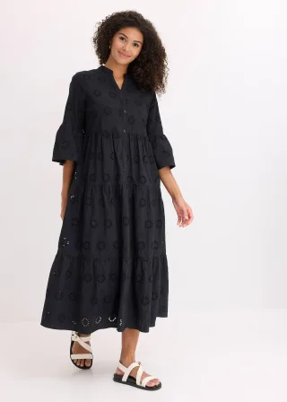 bonprix Midikleid aus reiner Baumwolle mit Lochstickerei, schwarz, Gr.44, Ein absolutes Must-Have, aus 100% Baumwolle