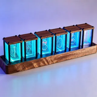 NIKOLATOY Full-Color Six-Tube Simulated LED Clock with Digital Ambient Light Creative Retro Walnut Wood RGB Glow Tube Cl
