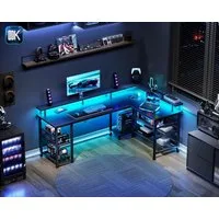 ODK Gamingtisch mit LED-Beleuchtung, 150cm Reversibler Eckschreibtisch, L-Form (1-St), Multifunktionaler Tisch mit Steckdosen & USB, Schwarzholz-Optik