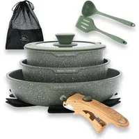 Kitchen Academy Pfannen-Set, (10-tlg, Pfanne 20cm/25cm, Stielkasserolle mit Deckel 18 cm, 2 Silikonspatel), Pfannenset mit abnehmbaren Griffen Töpfe und Pfannen Set mit Deckel