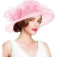 Bwecuy Sonnenhut Damenhut mit breiter Krempe, Blumen- und Blattdekor ideal für Hochzeit, Kirche und Tea Party