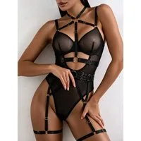 Elegant Love Body Damen Reizwäsche Stringbody mit Bügelcups, Mesh und Strapsen Leoparden-Dessousbody mit dekorativen Zierbändern und Metallringen