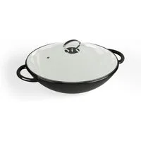 Klarstein Wok Jersey Black Cast Iron Enamel Wok, Gusseisen, Emaille und Edelstahl (Set, Wok 37 cm diameter), Wok Kochen ofenfest induktion Gas Elektro Gusseisen