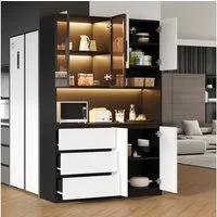 Flieks Küchenbuffet mit LED-Beleuchtung, 3 Schubladen und Glastüren (mit verstellbarer Einlegeböden & Arbeitsplatte, 1-St., 120x40x180 cm) Hochschrank Küchenschrank Mehrzweckschrank Sideboard