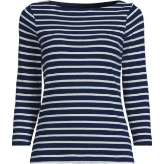 Gestreiftes Baumwollshirt mit 3/4-Ärmeln, Damen,  Blau, Baumwolle, by Lands' End