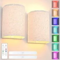 POPOLIC LED Wandleuchte Wandleuchten Magnetische Kabellose Lampe RGB Farben Dimmbar, mit Stoff Leinen Schatten und Fernbedienung, Beleuchtung Dekoration
