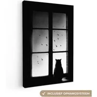 OneMillionCanvasses® Leinwandbild Katze - Tiere - Schwarz und weiß - Fenster, Fotodruck (1 St), Leinwand Canvas Wandbild, Wanddekoration 20x30 cm