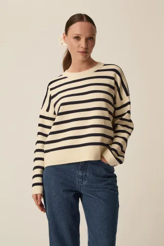 des petits hauts - Gestreifter Pullover - Biscote beige - Gr. - 1