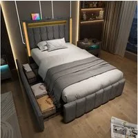 Flieks Polsterbett, LED Beleuchtung Einzelbett 90x200cm mit Ladefunktion und 2 Schubladen