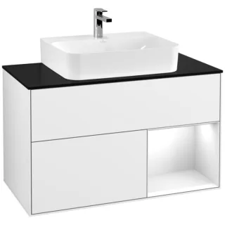 Villeroy und Boch Finion Waschtischunterschrank F122GFGF 100cm, Abdeckplatte black matt, Regal rechts Glossy white lacquer, Glossy white lacquer
