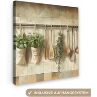OneMillionCanvasses® Leinwandbild Holz - Küchengeräte - Stilleben - Kacheln, Fotodruck (1 St), Wandbild, Deko Schlafzimmer Wohnzimmer Flur 20x20 cm