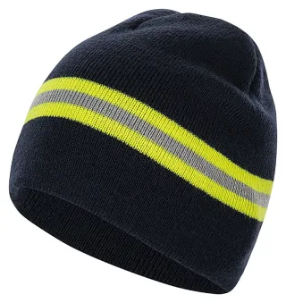 Mütze | PACOTEX® | Helden Beanie | marineblau mit gelb-silber-gelb Streifen | Feuerwehr-Optik | Wintermütze | Feuerwehrgeschenk