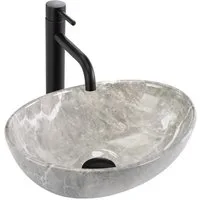wohnwerk.idee Aufsatzwaschbecken Waschbecken Marmoroptik Oval Grau Glanz Keramik Design modern