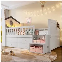 Merax Kinderbett in Hausform (1-tlg., Kieferholz Jugendbett Einzelbett Hausbett Kinderhaus), Hochbett 90x200cm mit LED-Lichtleiste, 4 Schubladen & Regalleiter