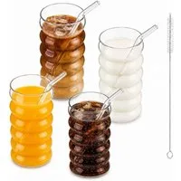 BlingBin Latte-Macchiato-Tasse 4 Stück Gerippte Trinkgläser Getränkegläser, Espressotassen Gläser Set, 4-tlg., Glas, Kaffeetassen Mit 4 Straws Für Cappuccino, Latte, Kaffee, Milch, 500ML