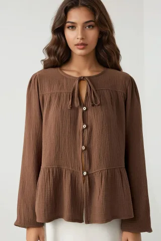 Kreuzkragen Langarm Woven Musselin Bluse