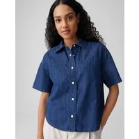 OPUS Kurzarmbluse Ferluna aus Denim mit weiter Passform abgesteppte Teilungsnähte, Rinsed Waschung, leichter Stoff, Casual