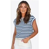 Imily Bela T-Shirt Damen Gestreiftes mit Kurzarm Rundhalsausschnitt Regular Fit Casual (Packung, 1-tlg., 1per-Pack) Cropped Cap Sleeve