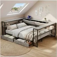 Flieks Kinderbett, Metallbett Daybett Schlafsofa 140x200cm mit 2 Schubladen & Aufladen
