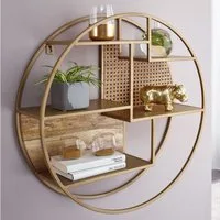 FINEBUY Wandregal FB71439 Hängeregal Holz Metall 62x62x17 cm Regal Rund, 62x62x17cm Hängeregal Massivholz / Metall / Rattan, Schweberegal Wiener Geflecht, Regal hängend Rund