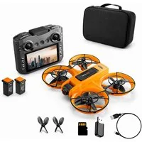 Goldstern-Tech RC-Quadrocopter Drohne (mit 12,5-cm Full-HD Display-Fernsteuerung bis 60min Flugzeit, komplett geschütztem Propellerdesign inkl. 8GB SD-Karte), Dualkamera mit 90° Winkel & 50x Zoom, Optical-Flow, Brushless-Motoren