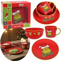 Sarcia.eu Frühstücks-Geschirrset Grinch Geschirrset – Tasse, Teller, Schüssel, rotes Frühstücksset