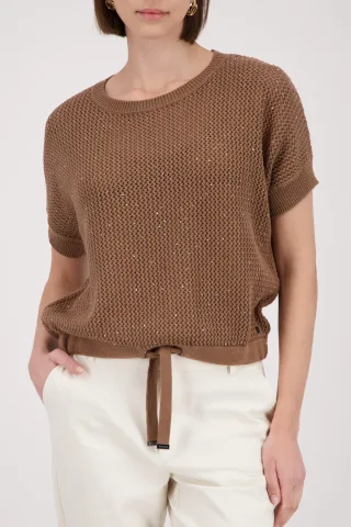 monari - Ajour-Strickpullover mit Strasssteinen mocca - Gr. - 40