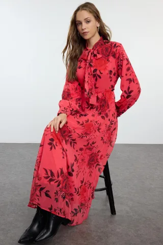 Langes, rosa geblümtes Maxikleid für Damen, lässig/alltagstauglich, mit Hijab-Abdeckung