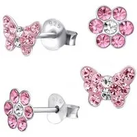 Goldene Hufeisen Ohrstecker-Set Ohrringe Kinder Schmetterling Kristall Blume 925 Silber Rosa (2 Paar, inkl. Etui), 925 Silber (Sterlingsilber), Hypoallergen