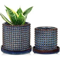 LuxusKollektion Blumentopf Blumentopf Keramik 2er 15cm 11cm Abflussloch Perlen Blau Blau-2
