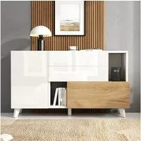 Merax Sideboard in Weiß Hochglanz & Holzoptik (1 St), Buffetschrank Kommode Anrichte mit Türen Schubladen Stauraum, B:130cm